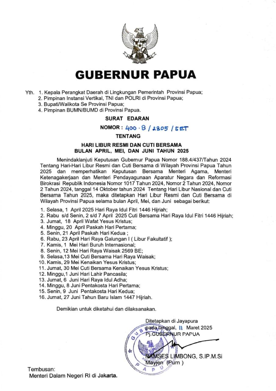 Surat Edaran Hari Libur Resmi dan Cuti Bersama